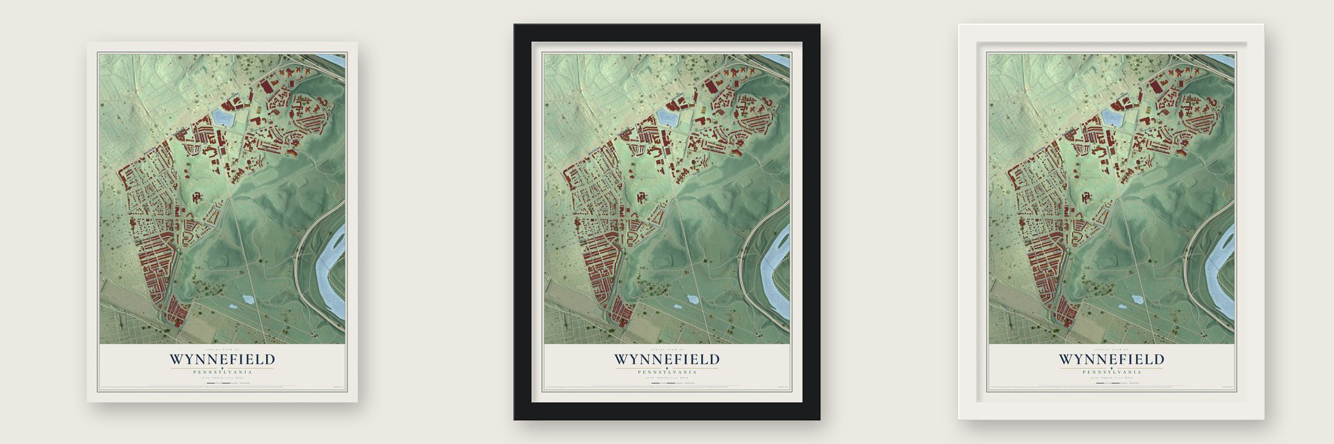 Wynnefield, Pennsylvania map unframed, in a black wood frame and in a white wood frame