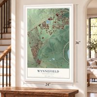 Wynnefield, Pennsylvania map, 24 x 36 inch print in a white frame by a staircase