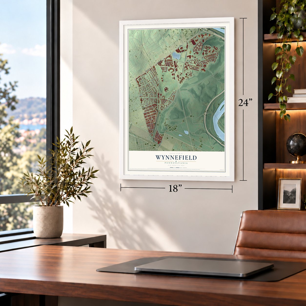 Wynnefield, Pennsylvania map, 18 x 24 inch print in a white frame in a home office
