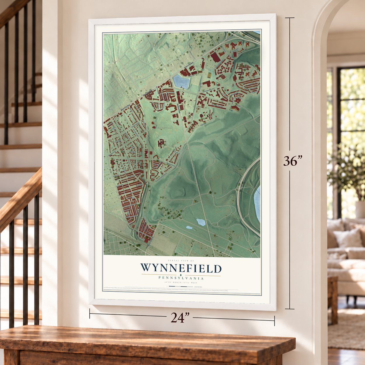 Wynnefield, Pennsylvania map, 24 x 36 inch print in a white frame by a staircase