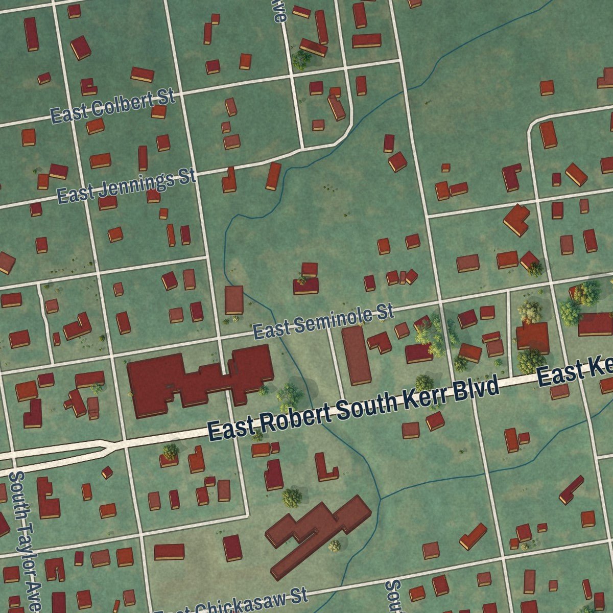 Second close-up of the map of Wynnewood, Oklahoma print showing more streets and buildings