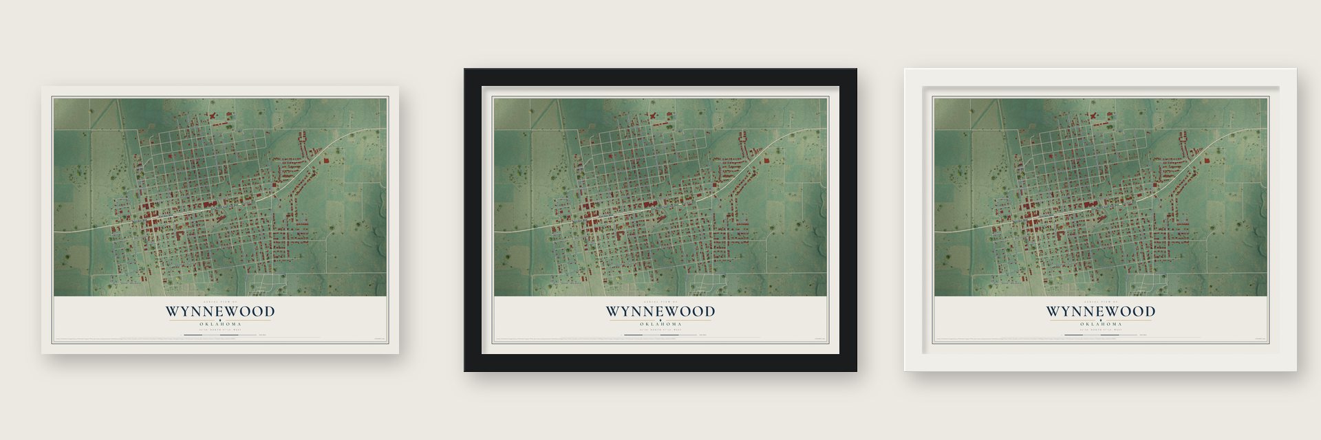 Wynnewood, Oklahoma map unframed, in a black wood frame and in a white wood frame