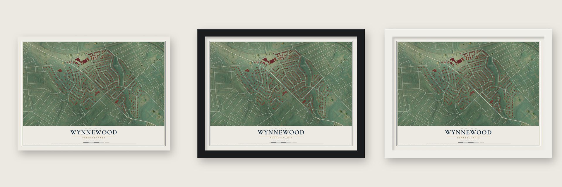 Wynnewood, Pennsylvania map unframed, in a black wood frame and in a white wood frame