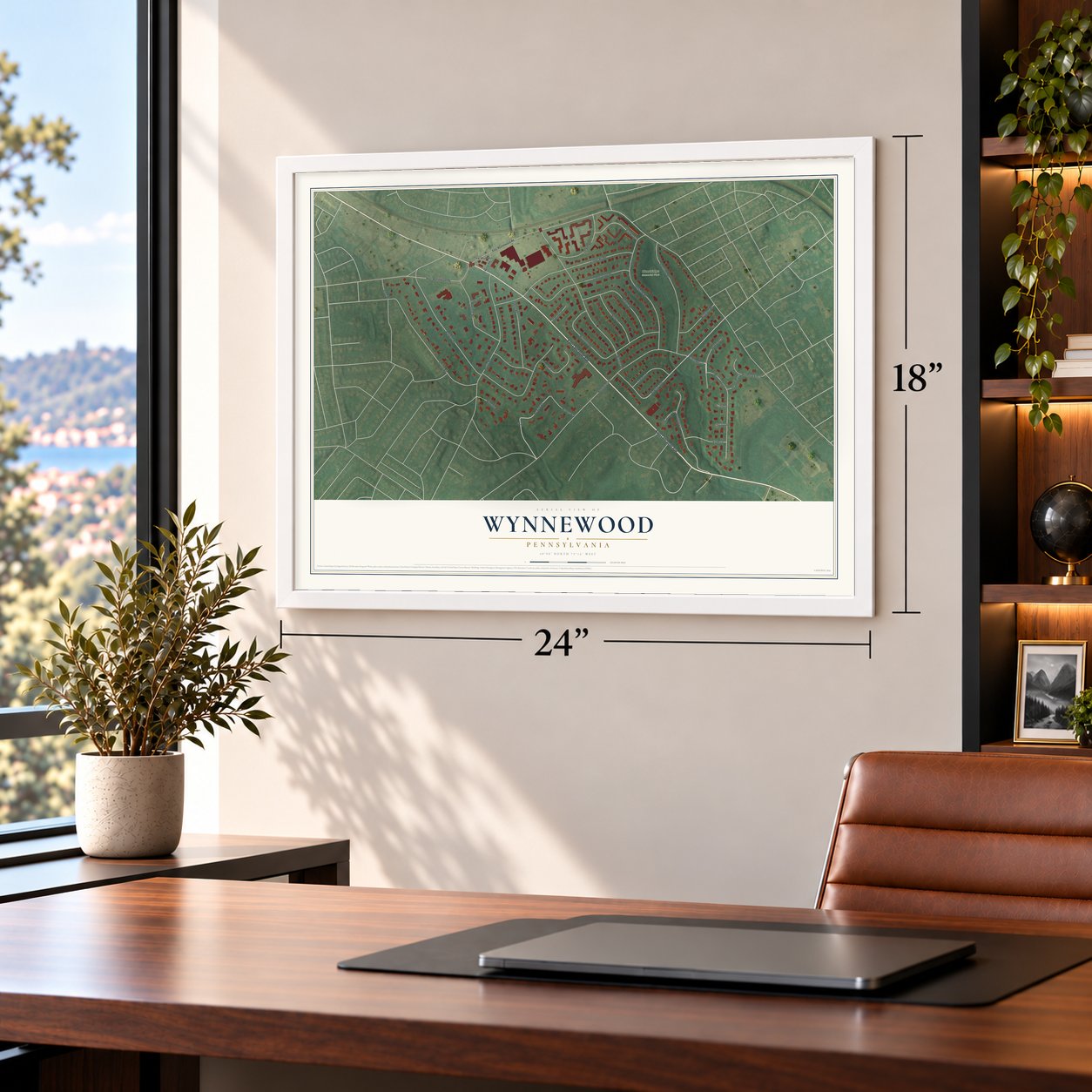 Wynnewood, Pennsylvania map, 18 x 24 inch print in a white frame in a home office