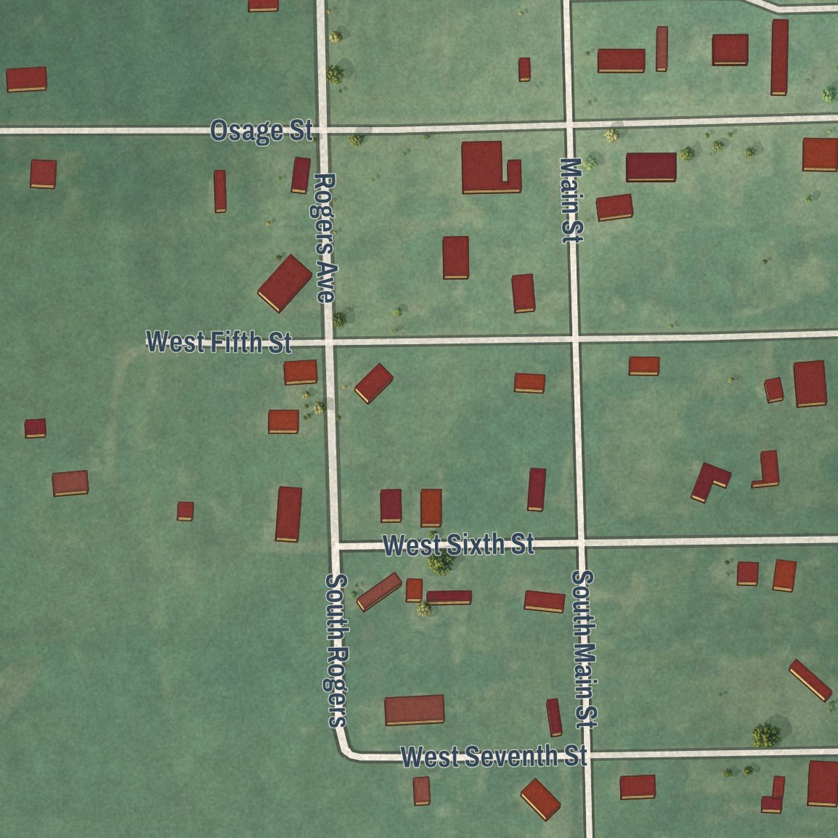 Second close-up of the map of Wynona, Oklahoma print showing more streets and buildings