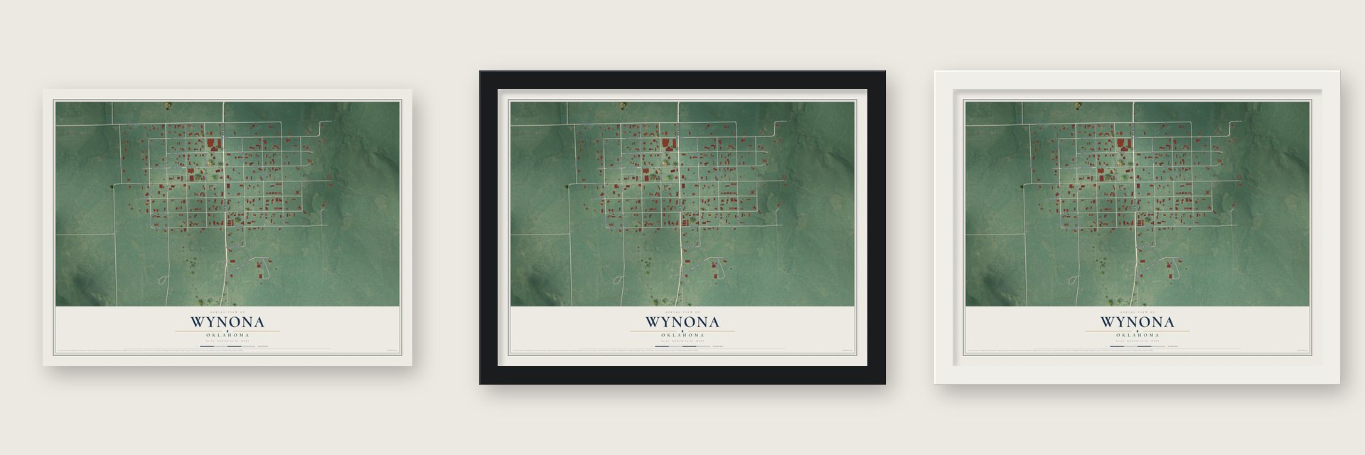 Wynona, Oklahoma map unframed, in a black wood frame and in a white wood frame