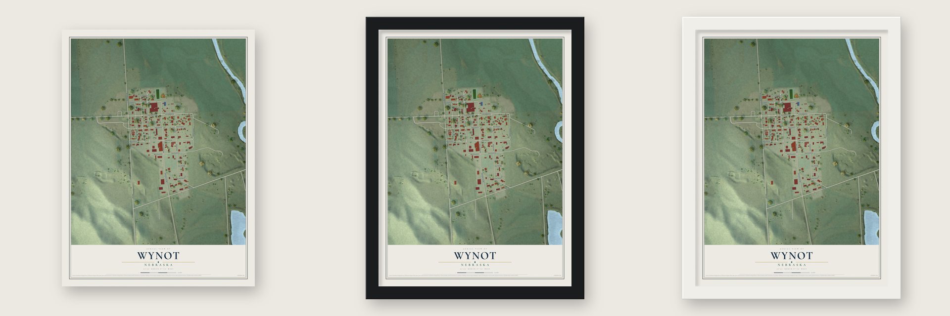 Wynot, Nebraska map unframed, in a black wood frame and in a white wood frame