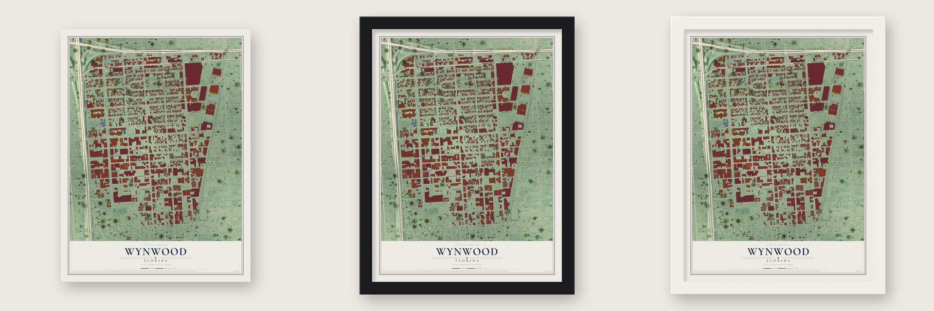 Wynwood, Florida map unframed, in a black wood frame and in a white wood frame