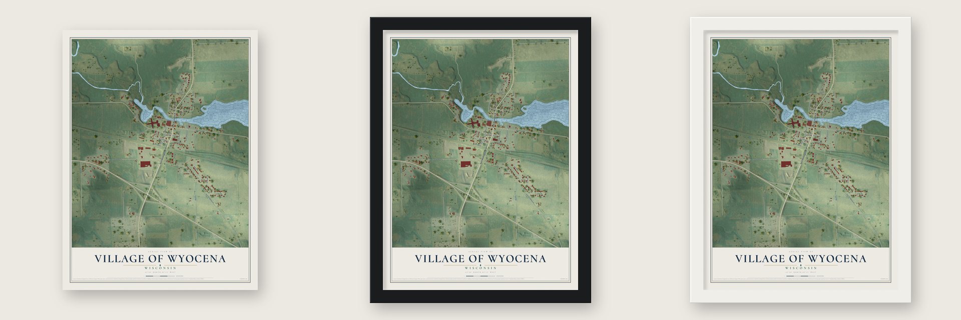 Wyocena, Wisconsin map unframed, in a black wood frame and in a white wood frame