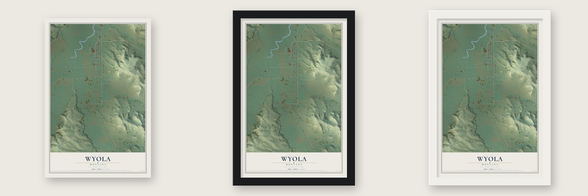 Wyola, Montana map unframed, in a black wood frame and in a white wood frame