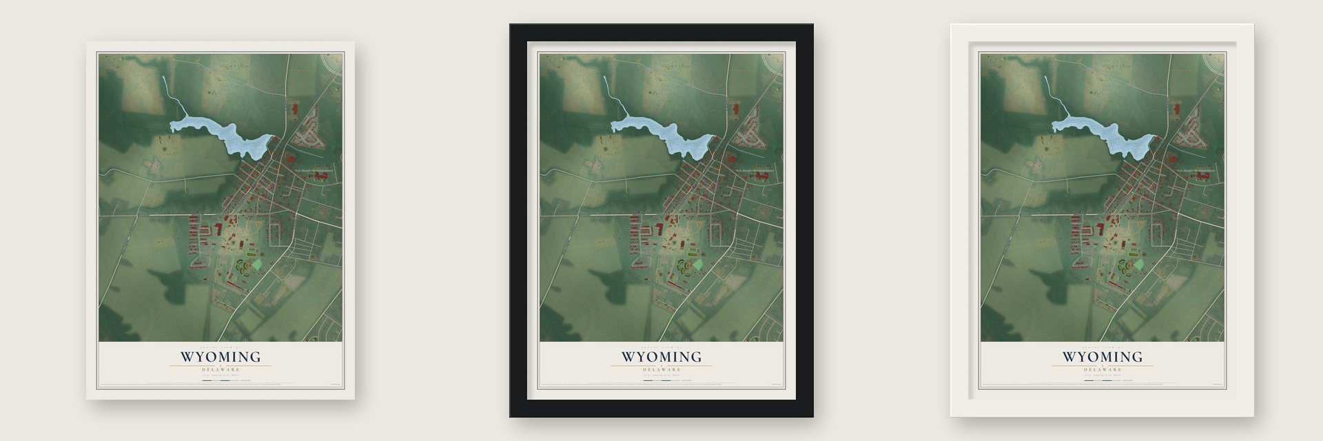 Wyoming, Delaware map unframed, in a black wood frame and in a white wood frame