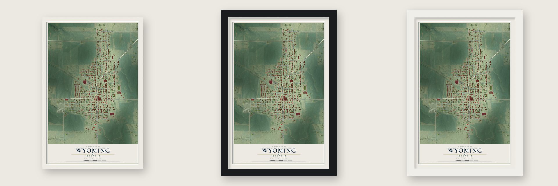 Wyoming, Illinois map unframed, in a black wood frame and in a white wood frame