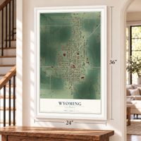 Wyoming, Illinois map, 24 x 36 inch print in a white frame by a staircase
