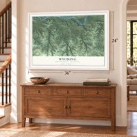 Wyoming, Iowa County, Wisconsin map, 24 x 36 inch print in a white frame above a dresser by a staircase