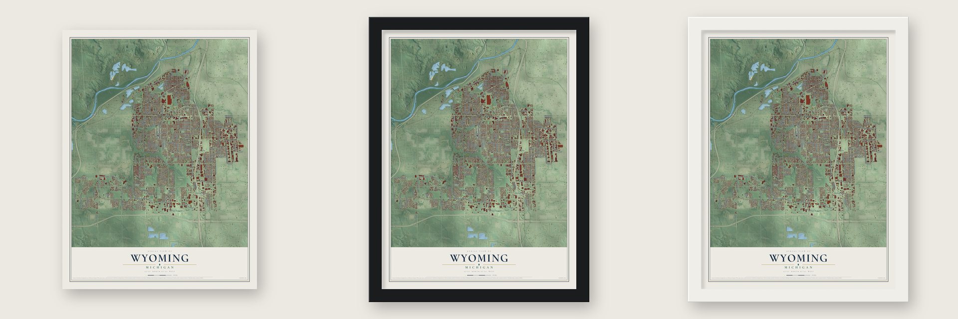 Wyoming, Michigan map unframed, in a black wood frame and in a white wood frame