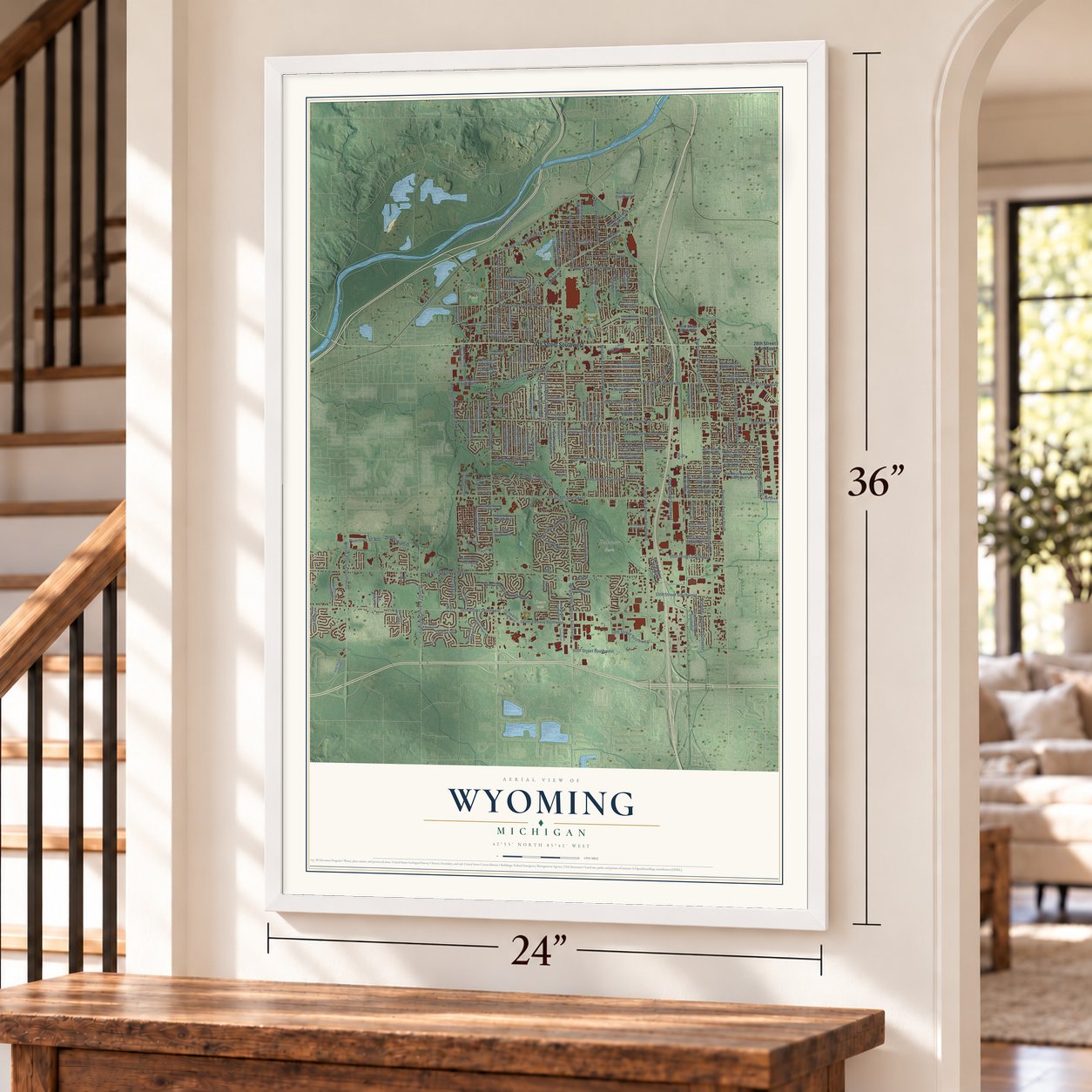 Wyoming, Michigan map, 24 x 36 inch print in a white frame by a staircase