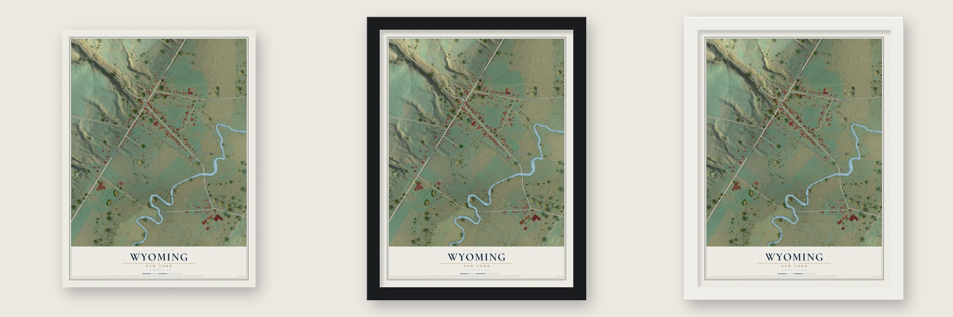 Wyoming, New York map unframed, in a black wood frame and in a white wood frame