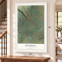 Wyoming, New York map, 24 x 36 inch print in a white frame by a staircase