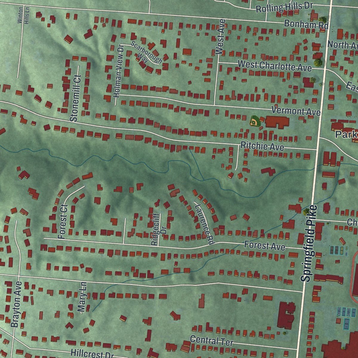 Second close-up of the map of Wyoming, Ohio print showing more streets and buildings
