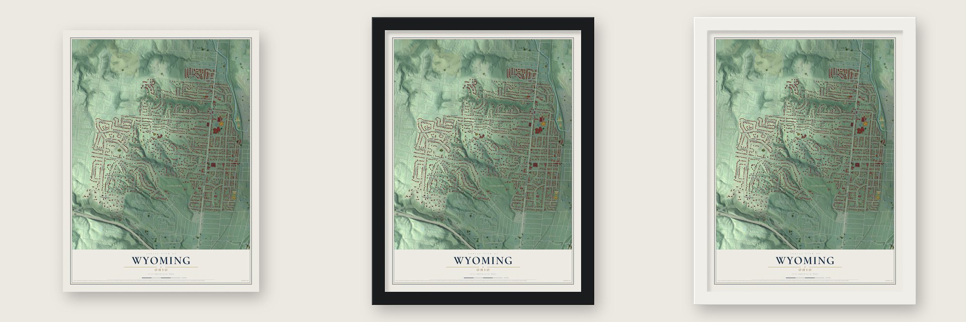 Wyoming, Ohio map unframed, in a black wood frame and in a white wood frame