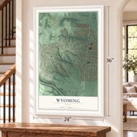 Wyoming, Ohio map, 24 x 36 inch print in a white frame by a staircase