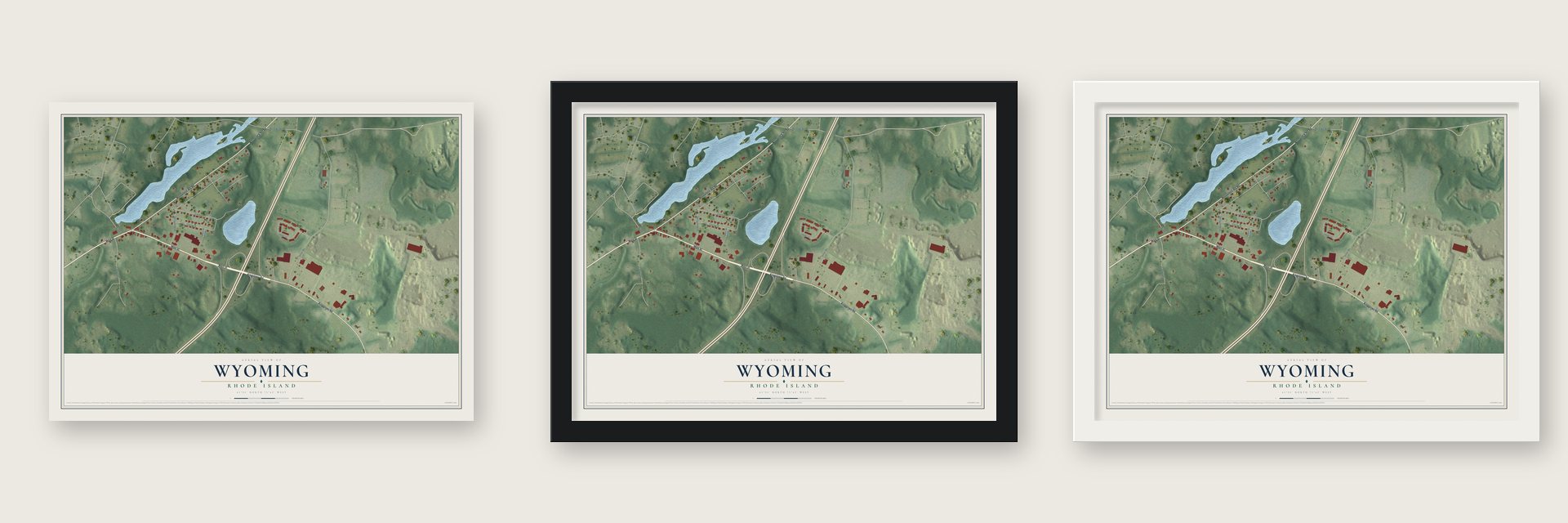 Wyoming, Rhode Island map unframed, in a black wood frame and in a white wood frame