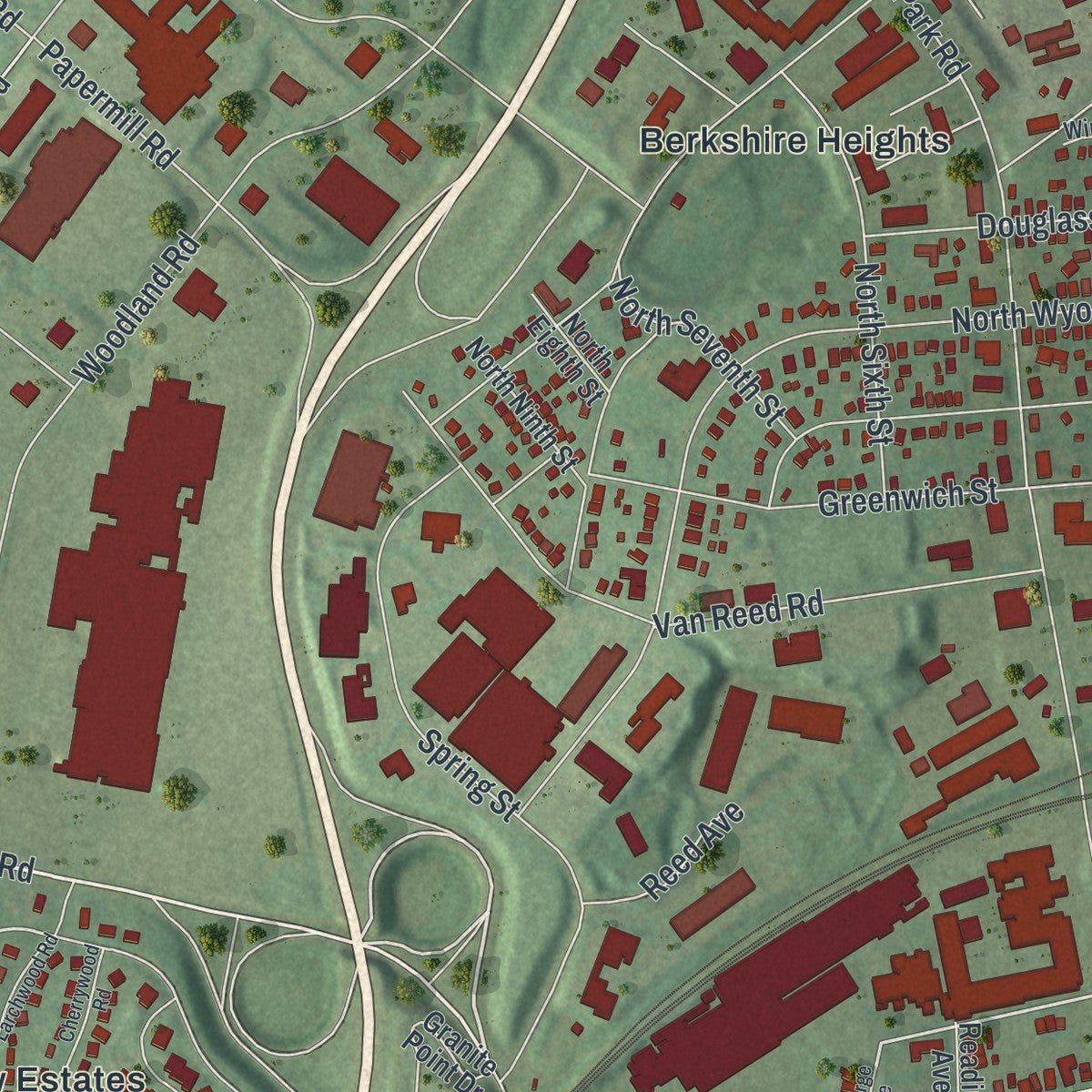 Second close-up of the map of Wyomissing, Pennsylvania print showing more streets and buildings