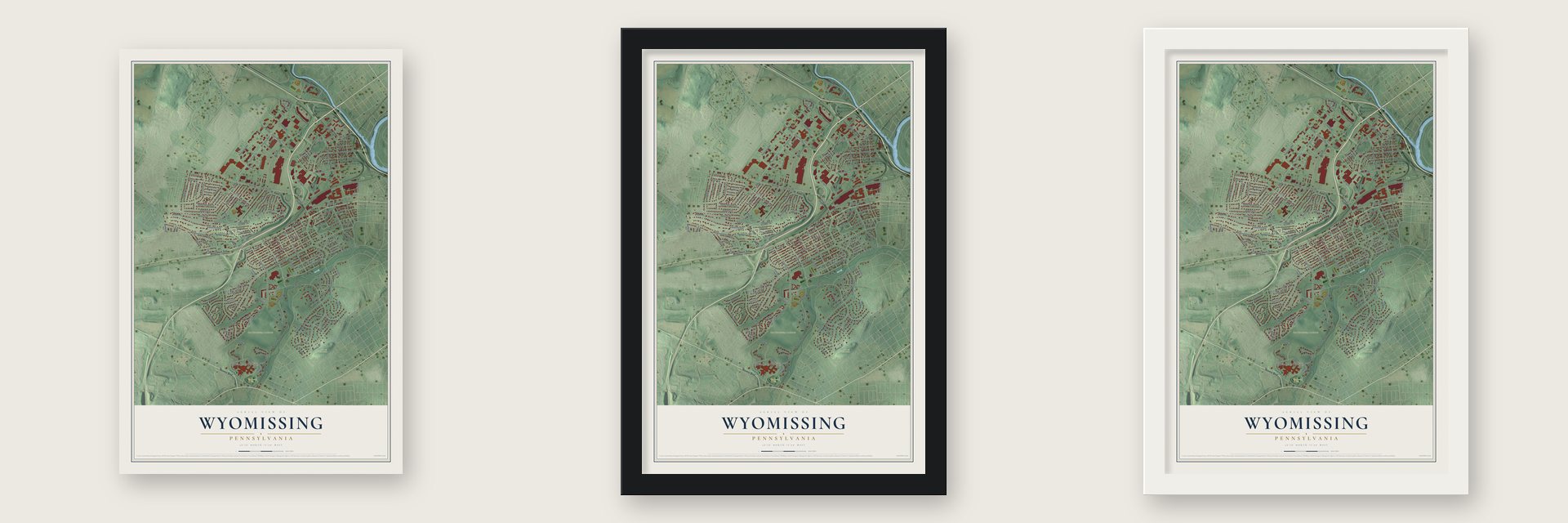 Wyomissing, Pennsylvania map unframed, in a black wood frame and in a white wood frame