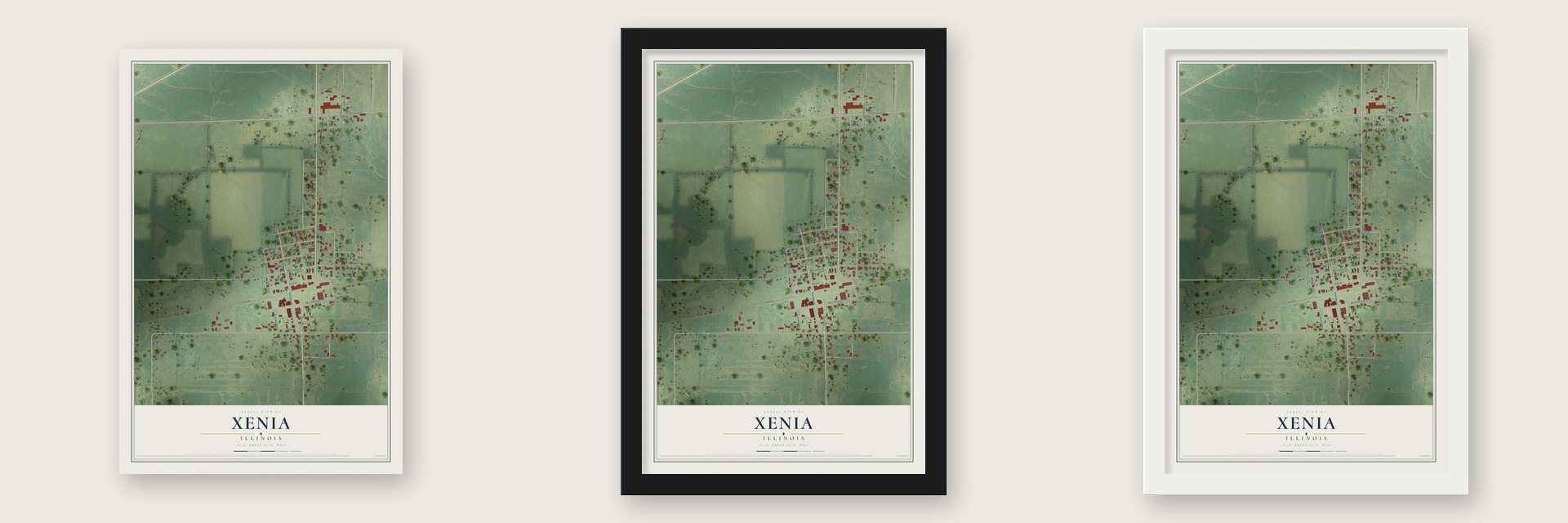 Xenia, Illinois map unframed, in a black wood frame and in a white wood frame