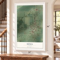Xenia, Illinois map, 24 x 36 inch print in a white frame by a staircase
