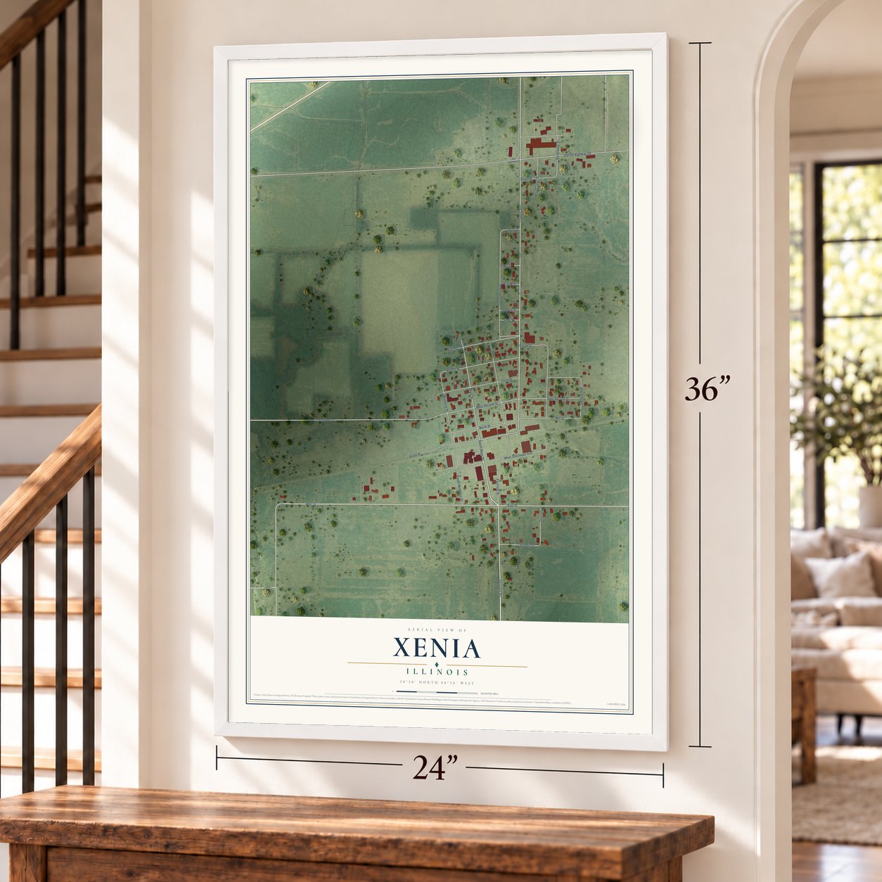 Xenia, Illinois map, 24 x 36 inch print in a white frame by a staircase