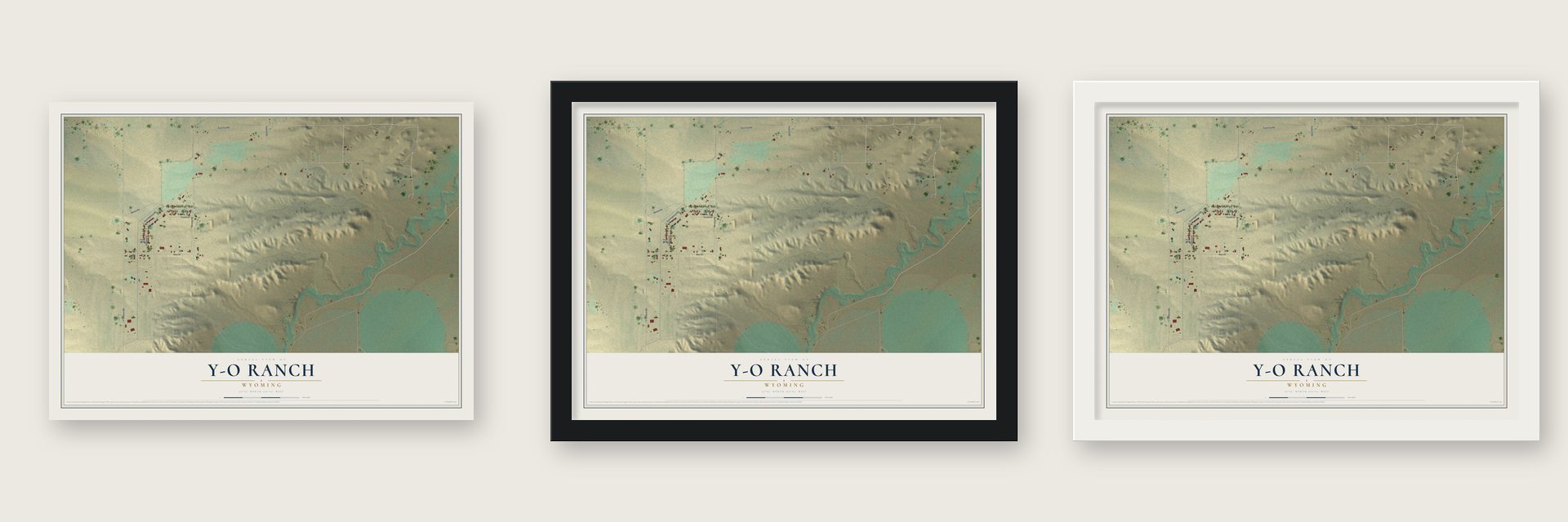 Y-O Ranch, Wyoming map unframed, in a black wood frame and in a white wood frame
