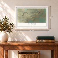 Y-O Ranch, Wyoming map, 12 x 18 inch print in a white frame in an entryway