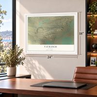 Y-O Ranch, Wyoming map, 18 x 24 inch print in a white frame in a home office