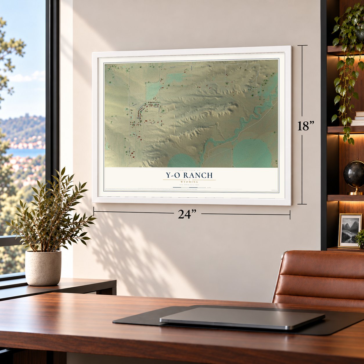Y-O Ranch, Wyoming map, 18 x 24 inch print in a white frame in a home office