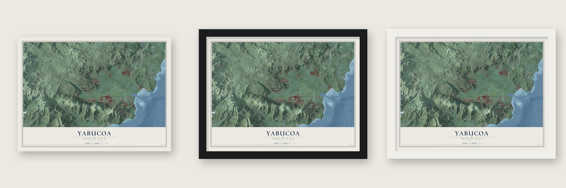 Yabucoa, Puerto Rico map unframed, in a black wood frame and in a white wood frame