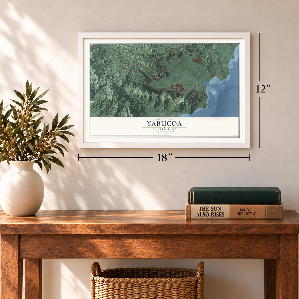 Yabucoa, Puerto Rico map, 12 x 18 inch print in a white frame in an entryway