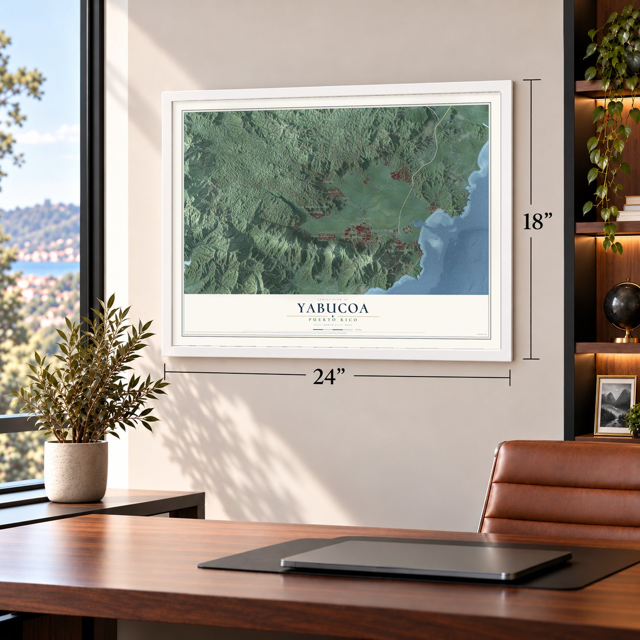Yabucoa, Puerto Rico map, 18 x 24 inch print in a white frame in a home office