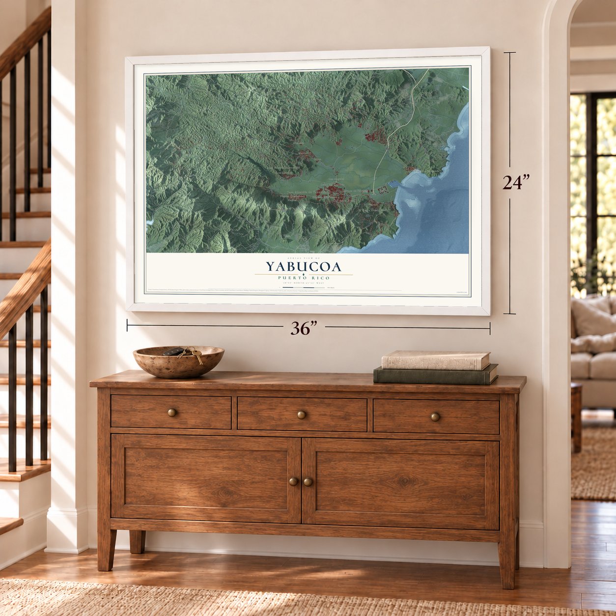 Yabucoa, Puerto Rico map, 24 x 36 inch print in a white frame above a dresser by a staircase