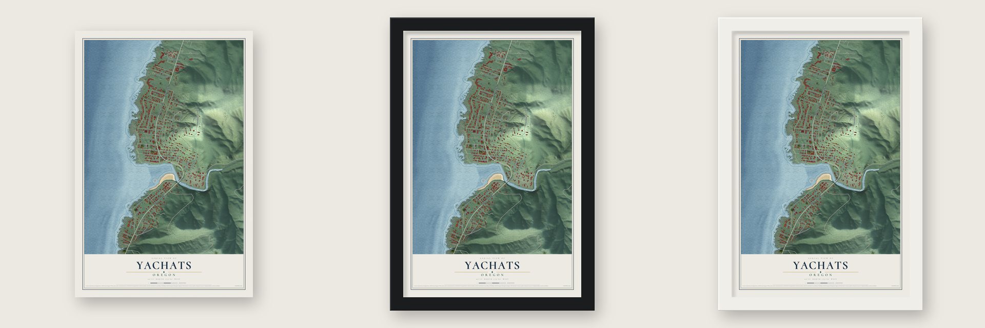 Yachats, Oregon map unframed, in a black wood frame and in a white wood frame