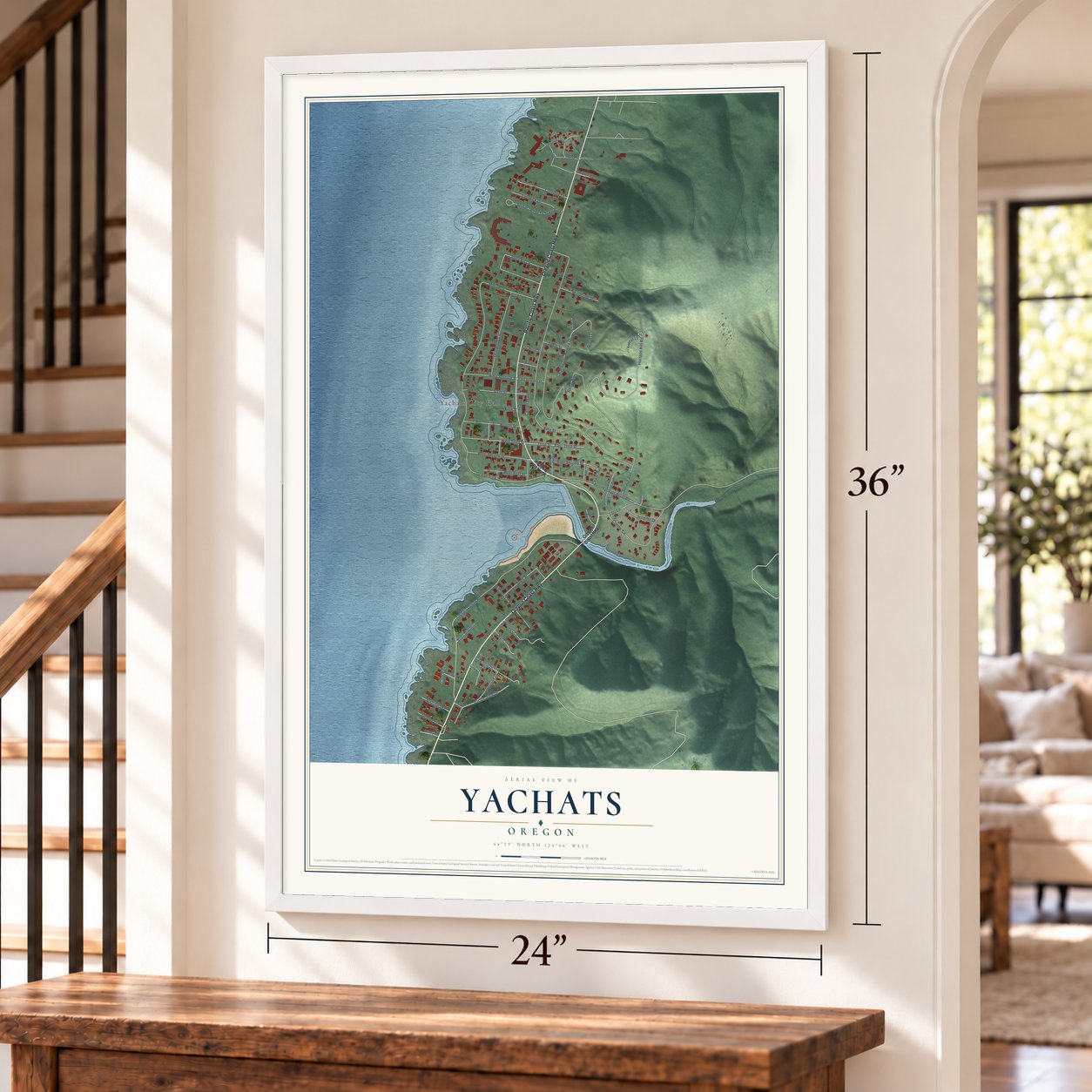 Yachats, Oregon map, 24 x 36 inch print in a white frame by a staircase