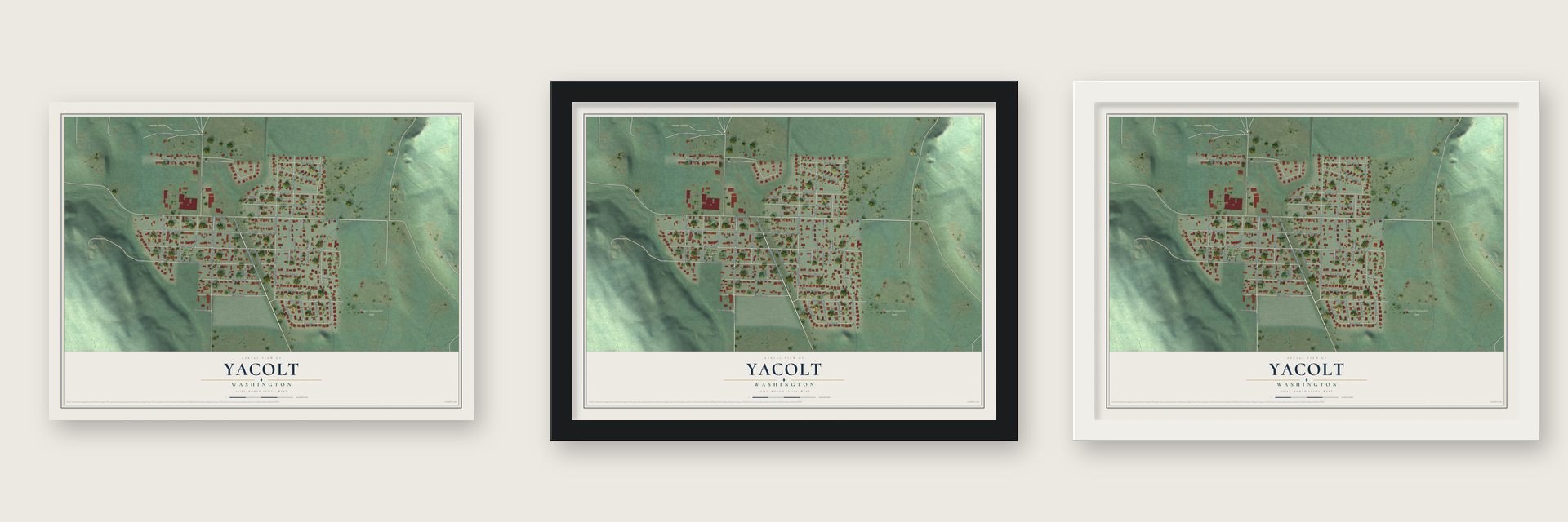Yacolt, Washington map unframed, in a black wood frame and in a white wood frame