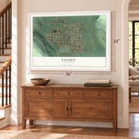 Yacolt, Washington map, 24 x 36 inch print in a white frame above a dresser by a staircase