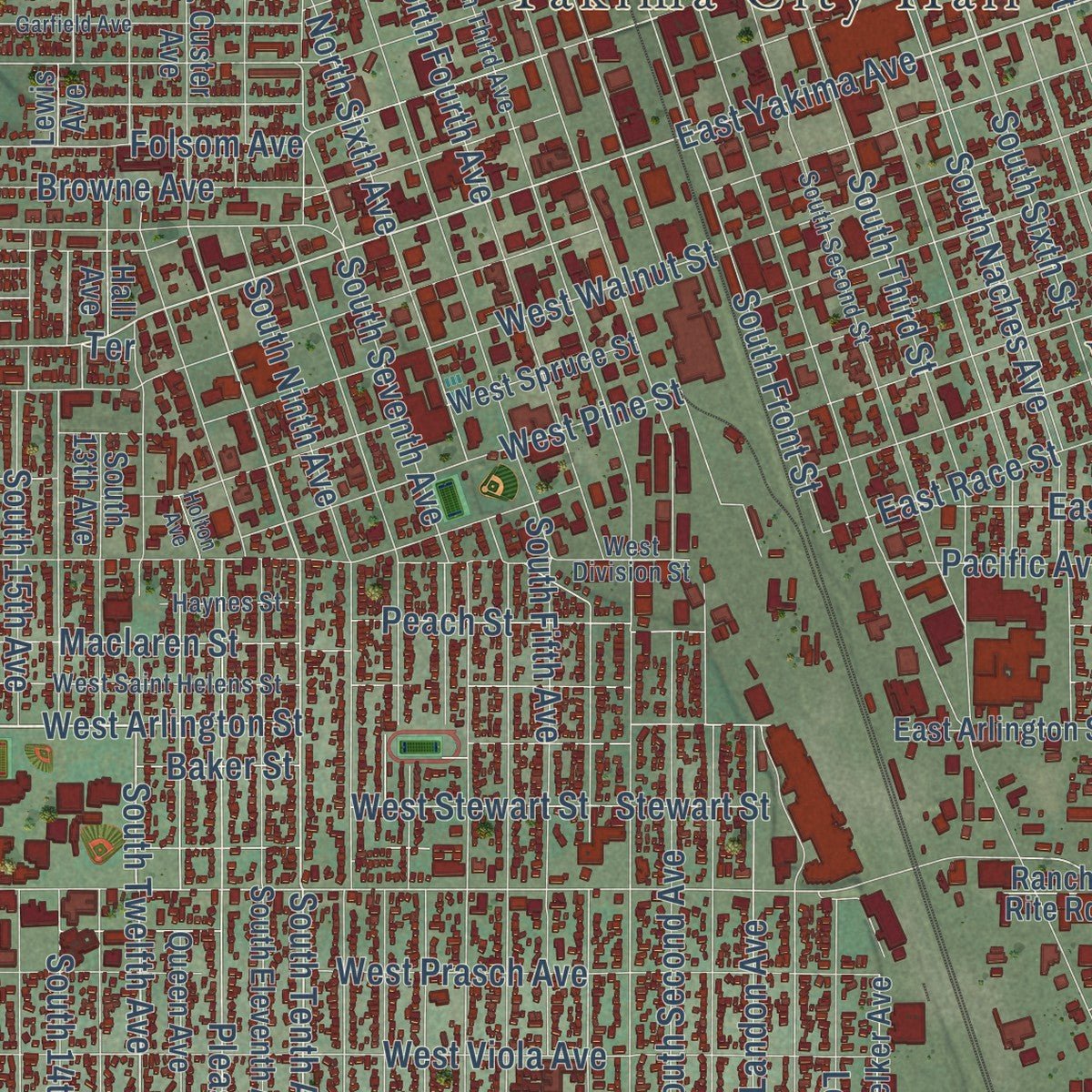 Second close-up of the map of Yakima, Washington print showing more streets and buildings
