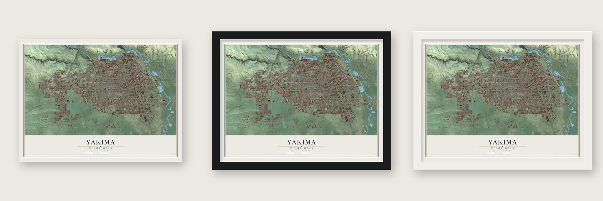 Yakima, Washington map unframed, in a black wood frame and in a white wood frame