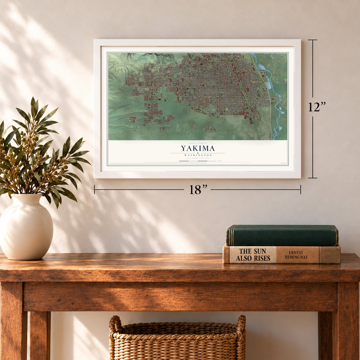 Yakima, Washington map, 12 x 18 inch print in a white frame in an entryway