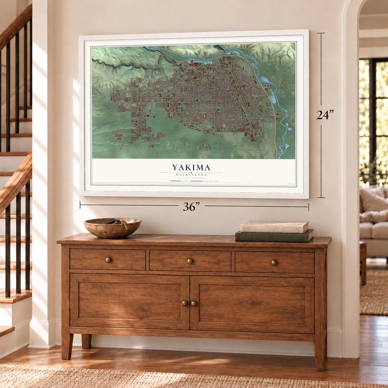 Yakima, Washington map, 24 x 36 inch print in a white frame above a dresser by a staircase