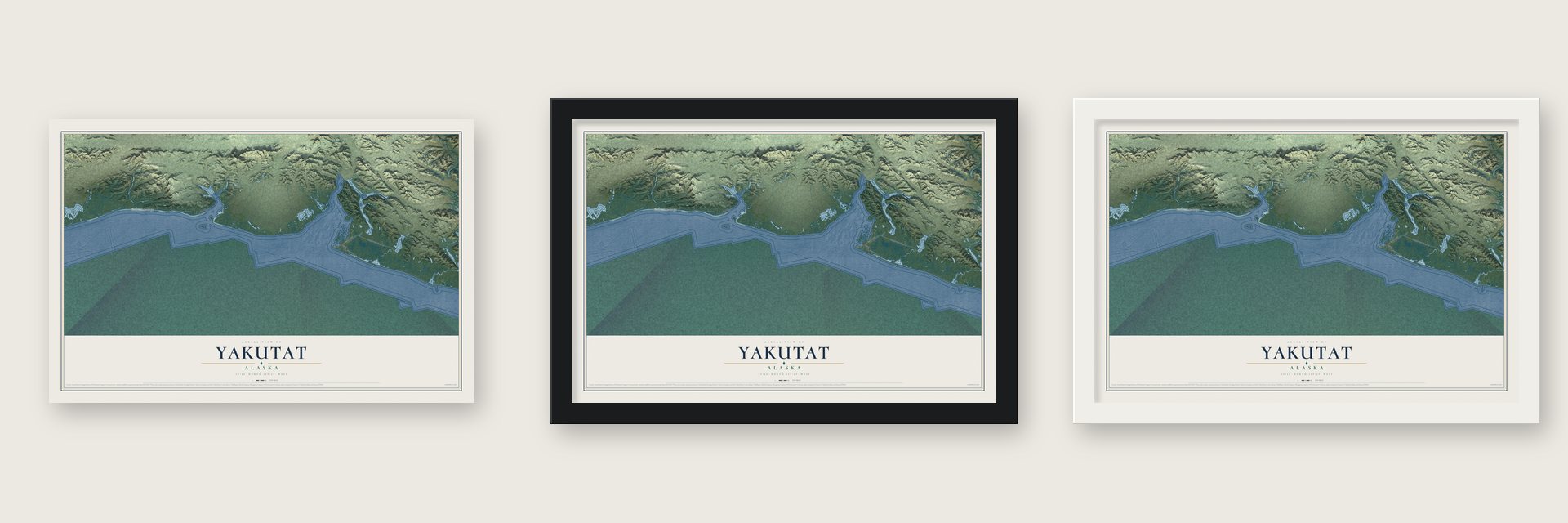 Yakutat, Alaska map unframed, in a black wood frame and in a white wood frame