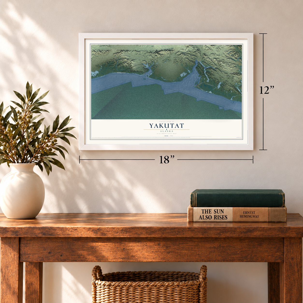 Yakutat, Alaska map, 12 x 18 inch print in a white frame in an entryway