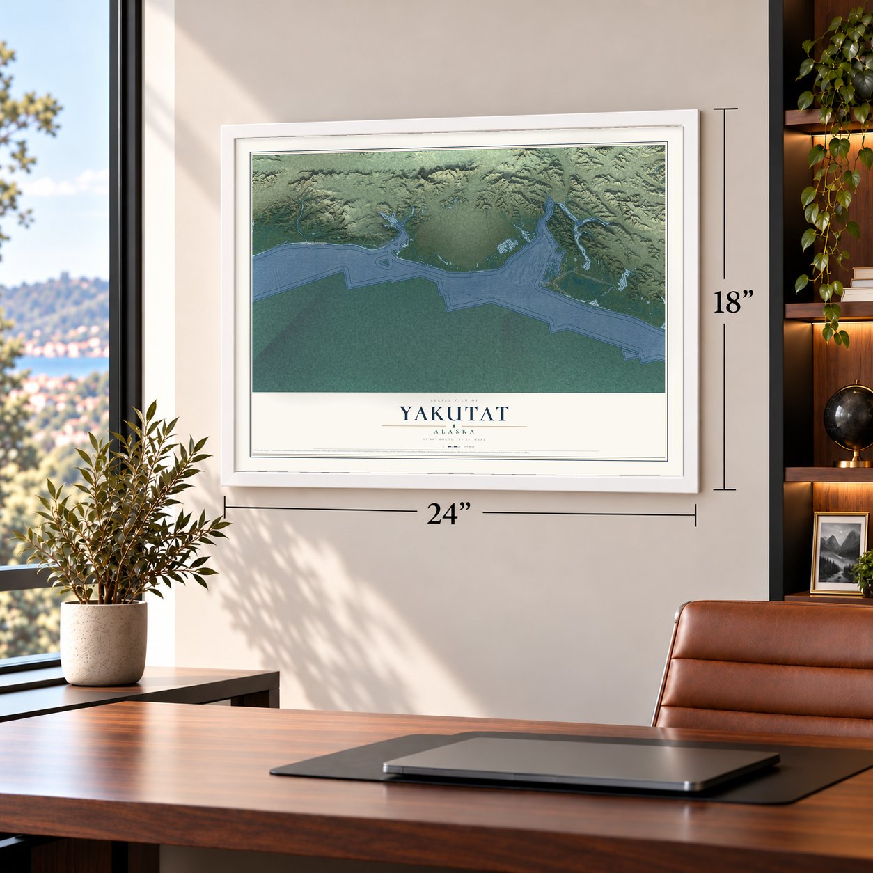 Yakutat, Alaska map, 18 x 24 inch print in a white frame in a home office